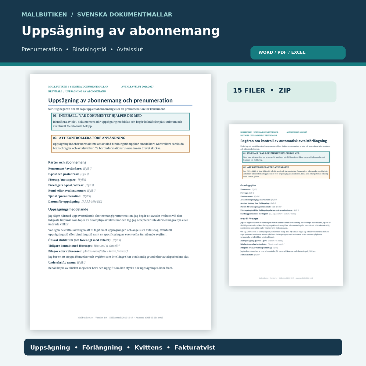 Uppsägning av abonnemang och prenumeration 2026/2027 mall i Word PDF Excel, verklig dokumentbild