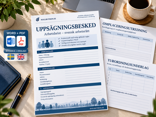 Uppsägning på grund av arbetsbrist – Word/PDF med LAS, MBL, omplaceringsutredning och guider