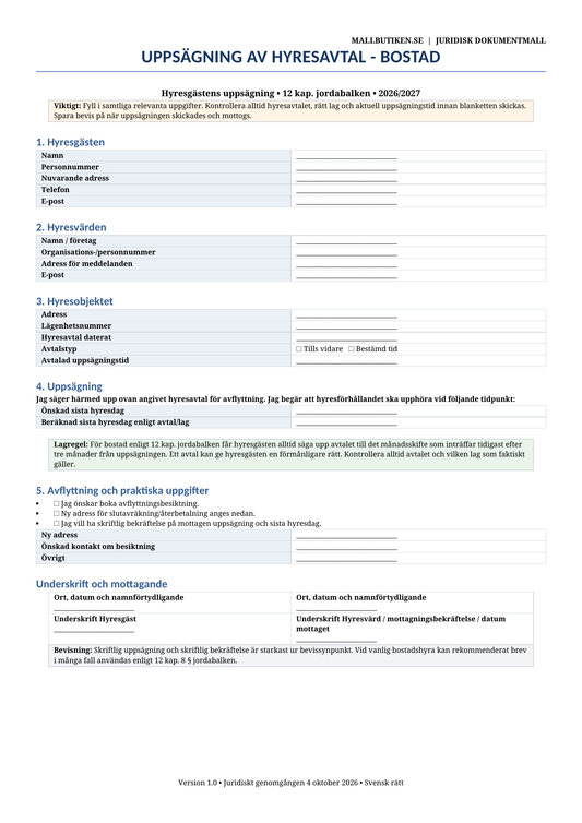 Uppsägning av hyresavtal bostad 2026/2027 Word PDF