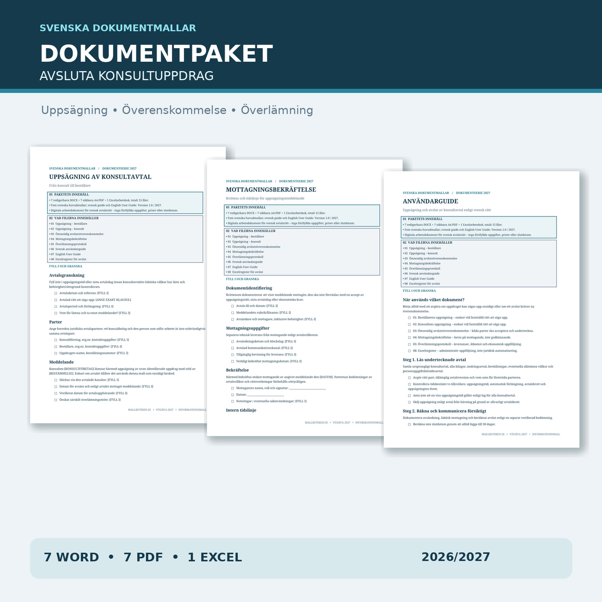 Uppsägning konsultavtal 2027 – mallarnas innehåll: konsultbrev, mottagningsbekräftelse och svensk guide
