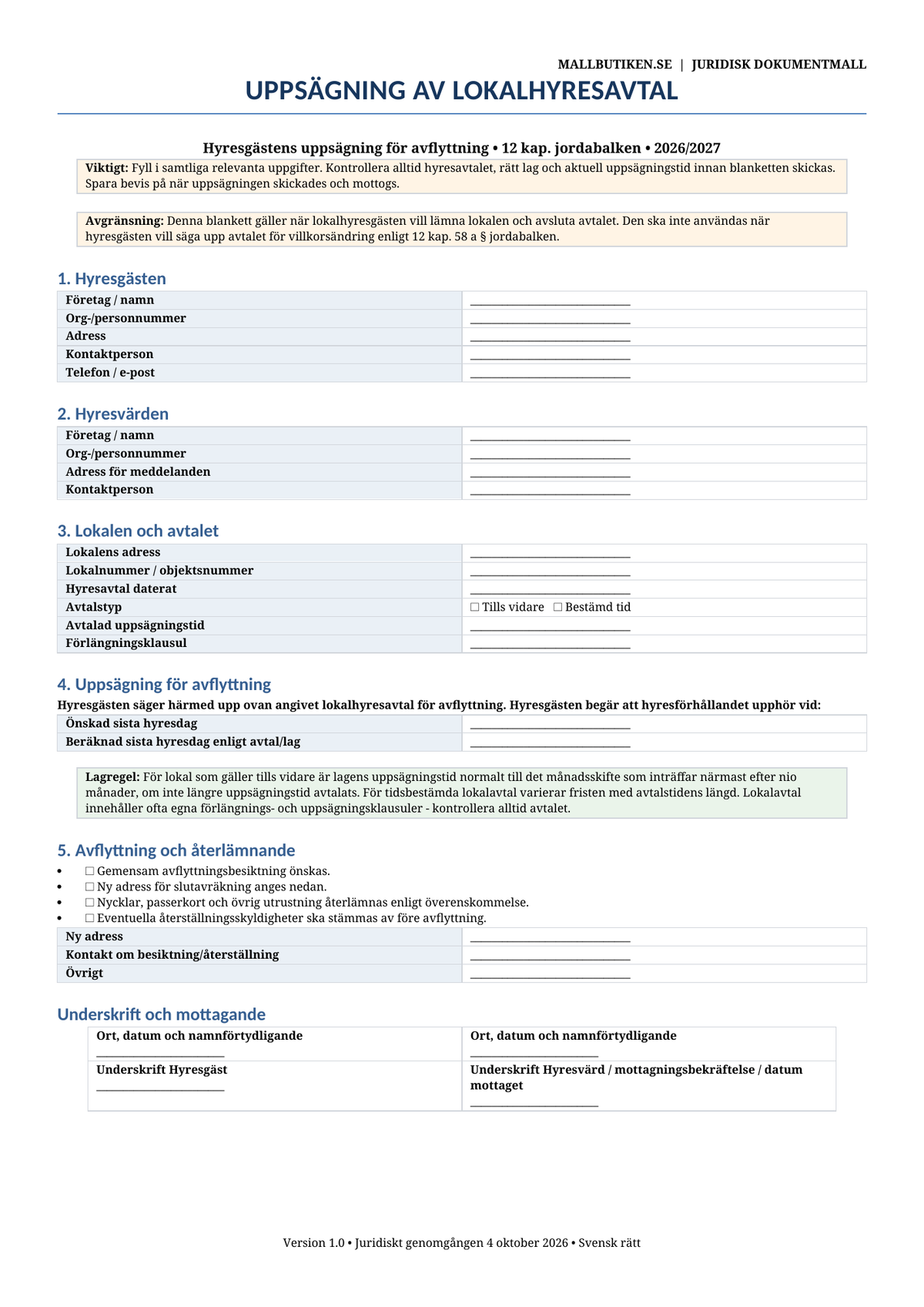 Uppsägning lokalhyresavtal hyresgäst 2026/2027 Word PDF