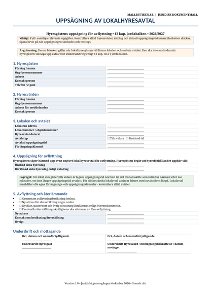 Uppsägning lokalhyresavtal hyresgäst 2026/2027 Word PDF