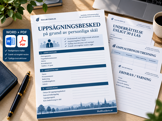 Uppsägningsbesked på grund av personliga skäl – Word/PDF med 30 § LAS underrättelse och guider
