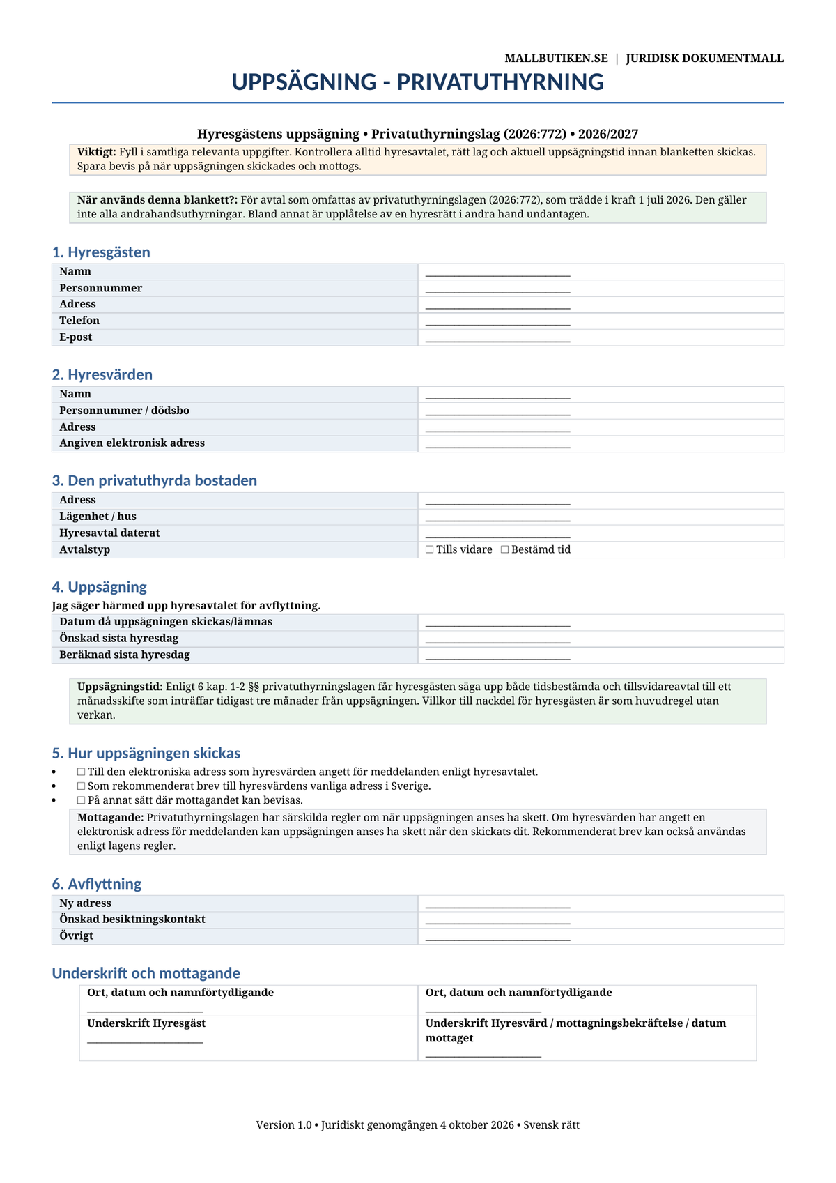 Uppsägning privatuthyrning 2026/2027 enligt privatuthyrningslag 2026:772