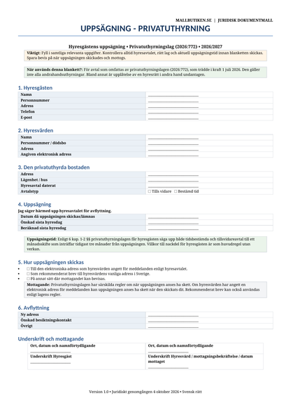 Uppsägning privatuthyrning 2026/2027 enligt privatuthyrningslag 2026:772