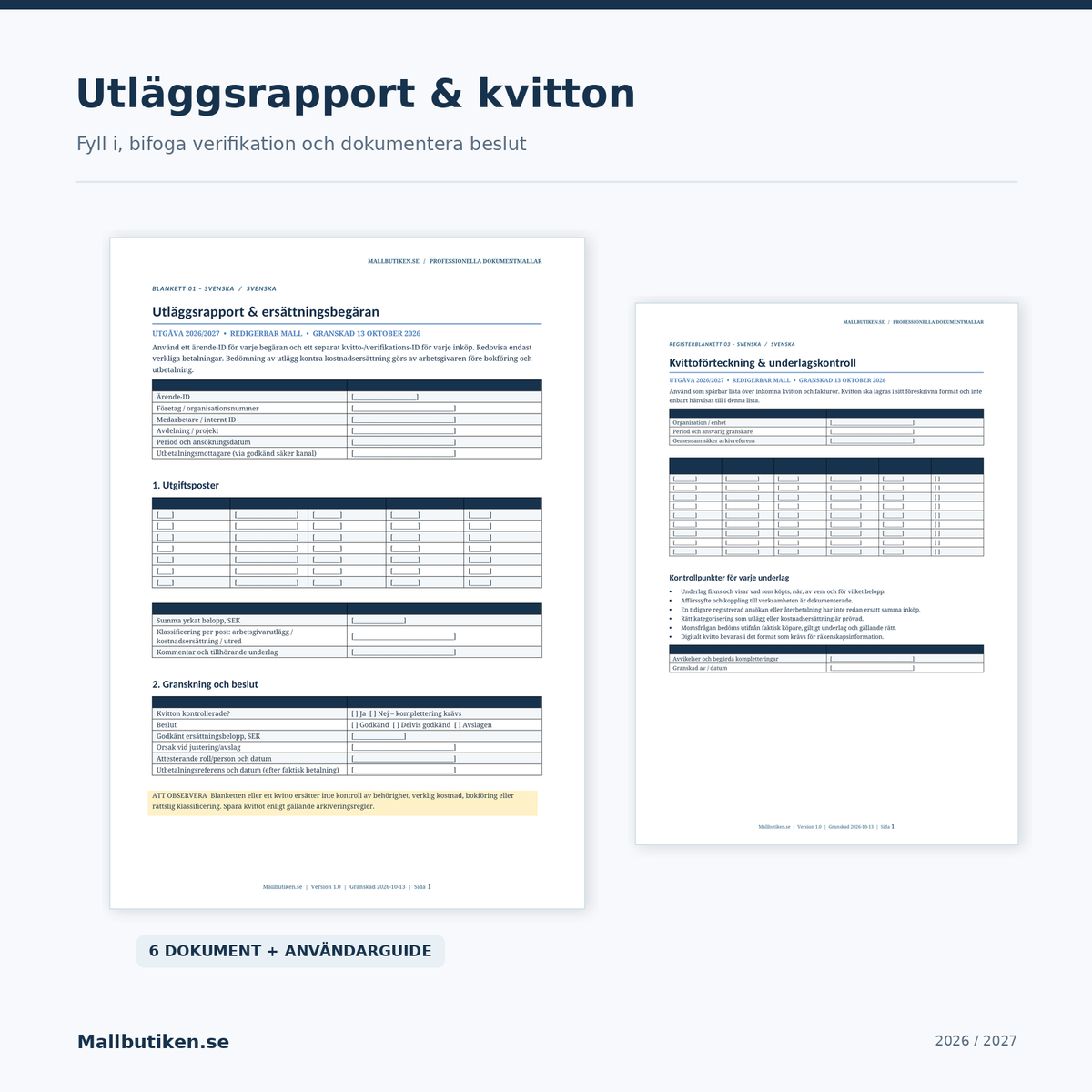 Utläggsrapport och kvittoförteckning med verkliga redigerbara blanketter i Word PDF