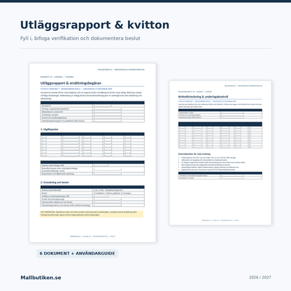 Utläggsrapport och kvittoförteckning med verkliga redigerbara blanketter i Word PDF