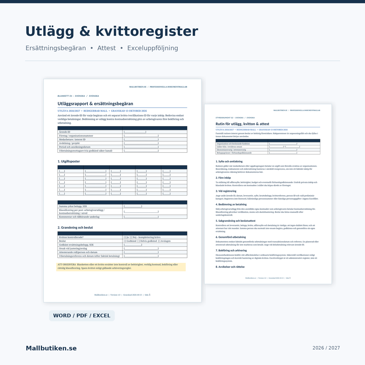 Utläggsredovisning och kvittoregister 2026/2027 – Excel Word och PDF dokumentmallar