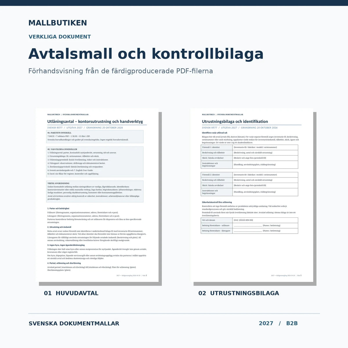 Utlåningsavtal och utrustningsbilaga – förhandsvisning av faktiska dokument
