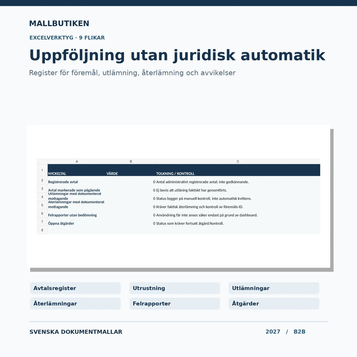 Excelregister utlåning B2B – dashboard med administrativa statusvärden och nio flikar