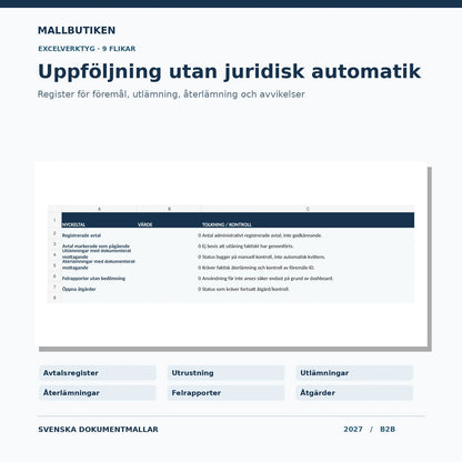 Excelregister utlåning B2B – dashboard med administrativa statusvärden och nio flikar