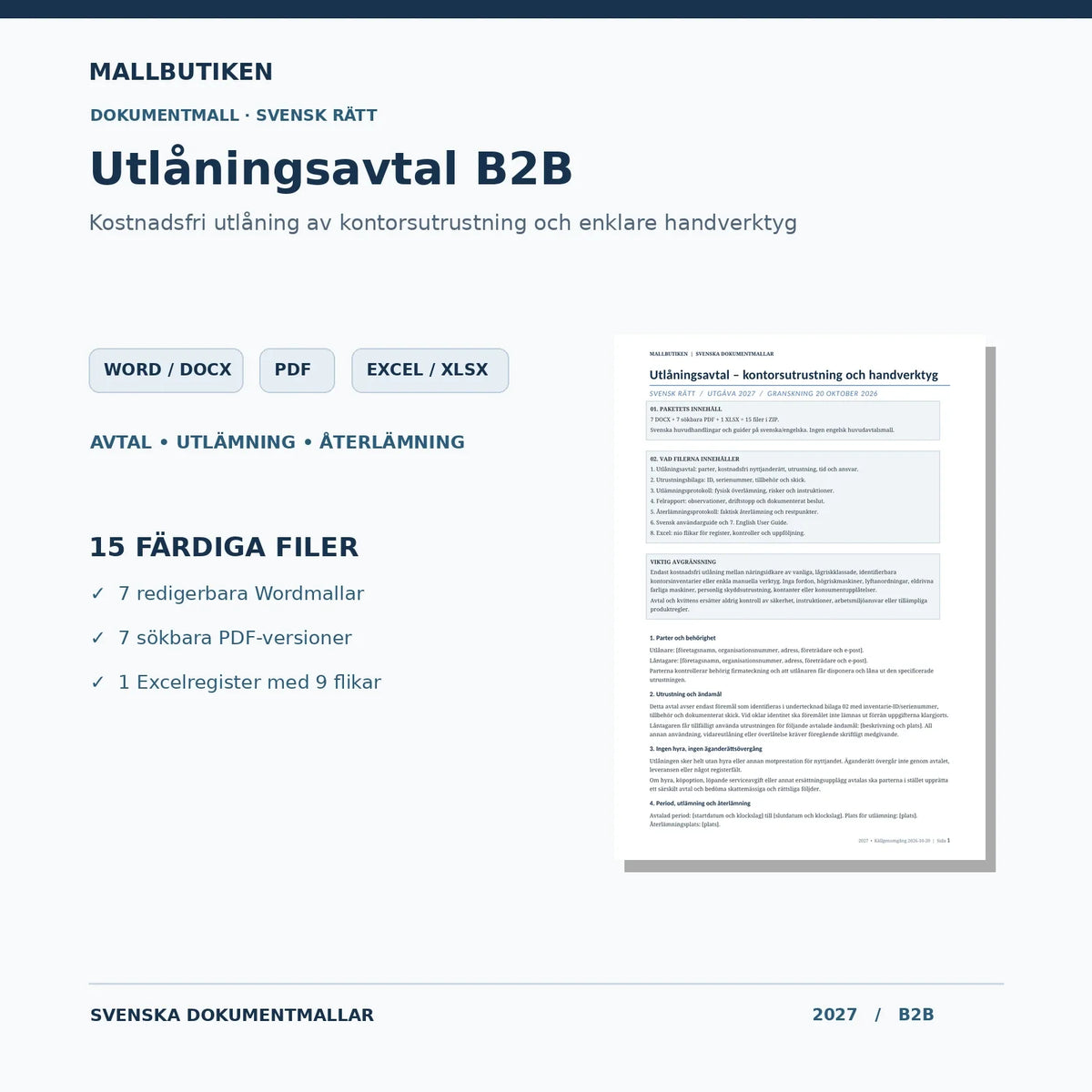 Utlåningsavtal B2B 2027 – Word PDF Excel med förhandsvisning av verkligt avtal