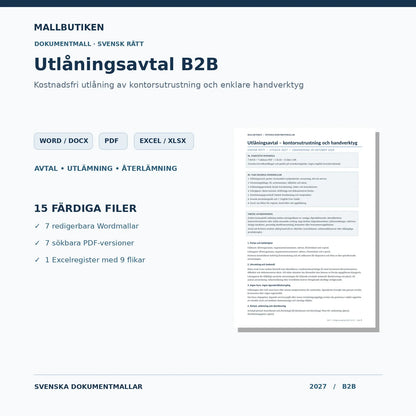 Utlåningsavtal B2B 2027 – Word PDF Excel med förhandsvisning av verkligt avtal