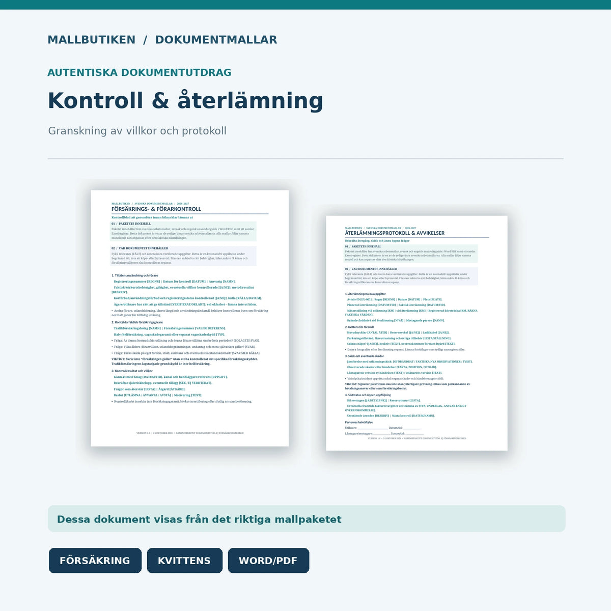 Dokumentförhandsvisning från faktiska Word- och PDF-filer: Försäkringskontroll och återlämningsprotokoll