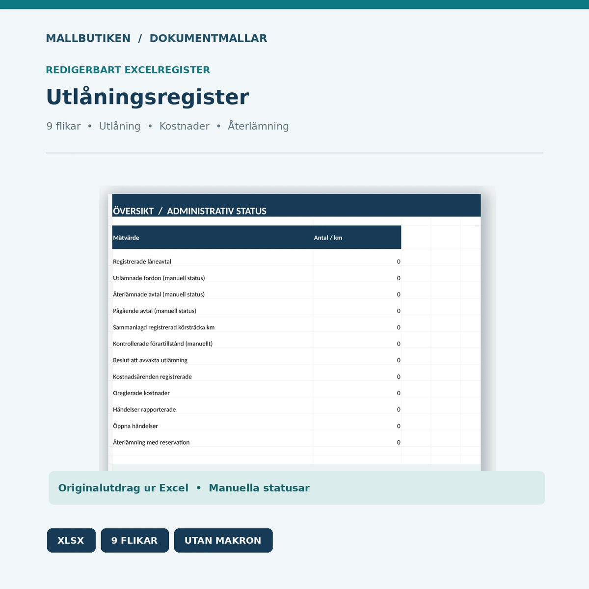 Excelöversikt för utlåningsavtal bil med nio flikar för kontroller kostnader och återlämning