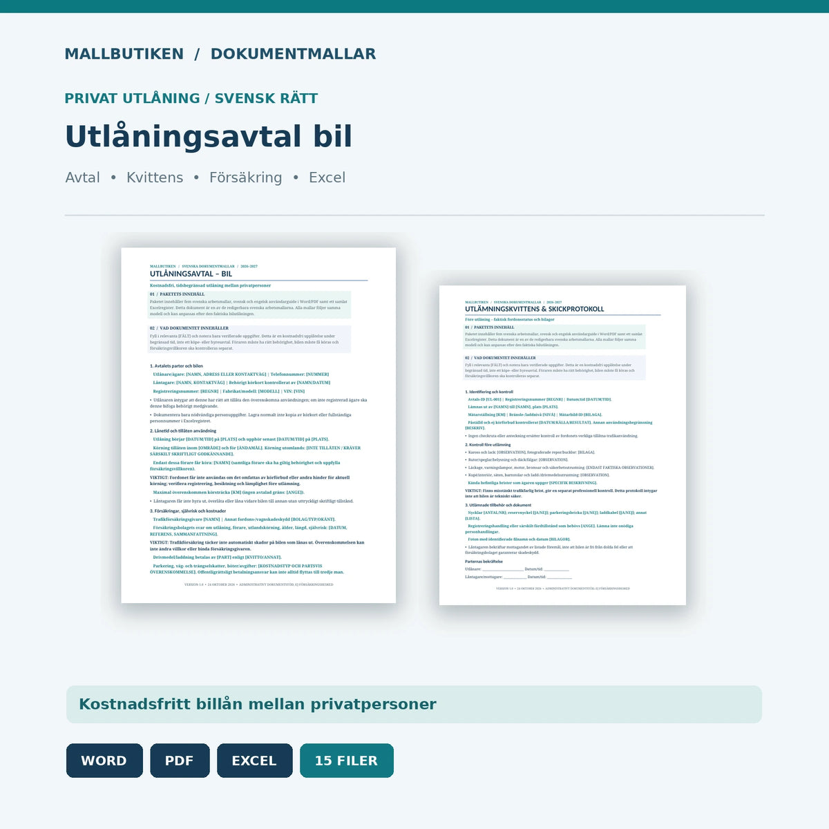 Utlåningsavtal bil privat – Word PDF Excel med utlämningskvittens och försäkringskontroll