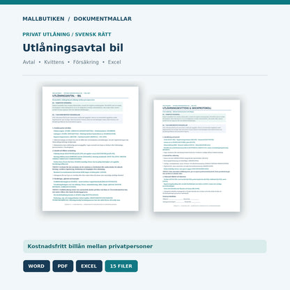 Utlåningsavtal bil privat – Word PDF Excel med utlämningskvittens och försäkringskontroll