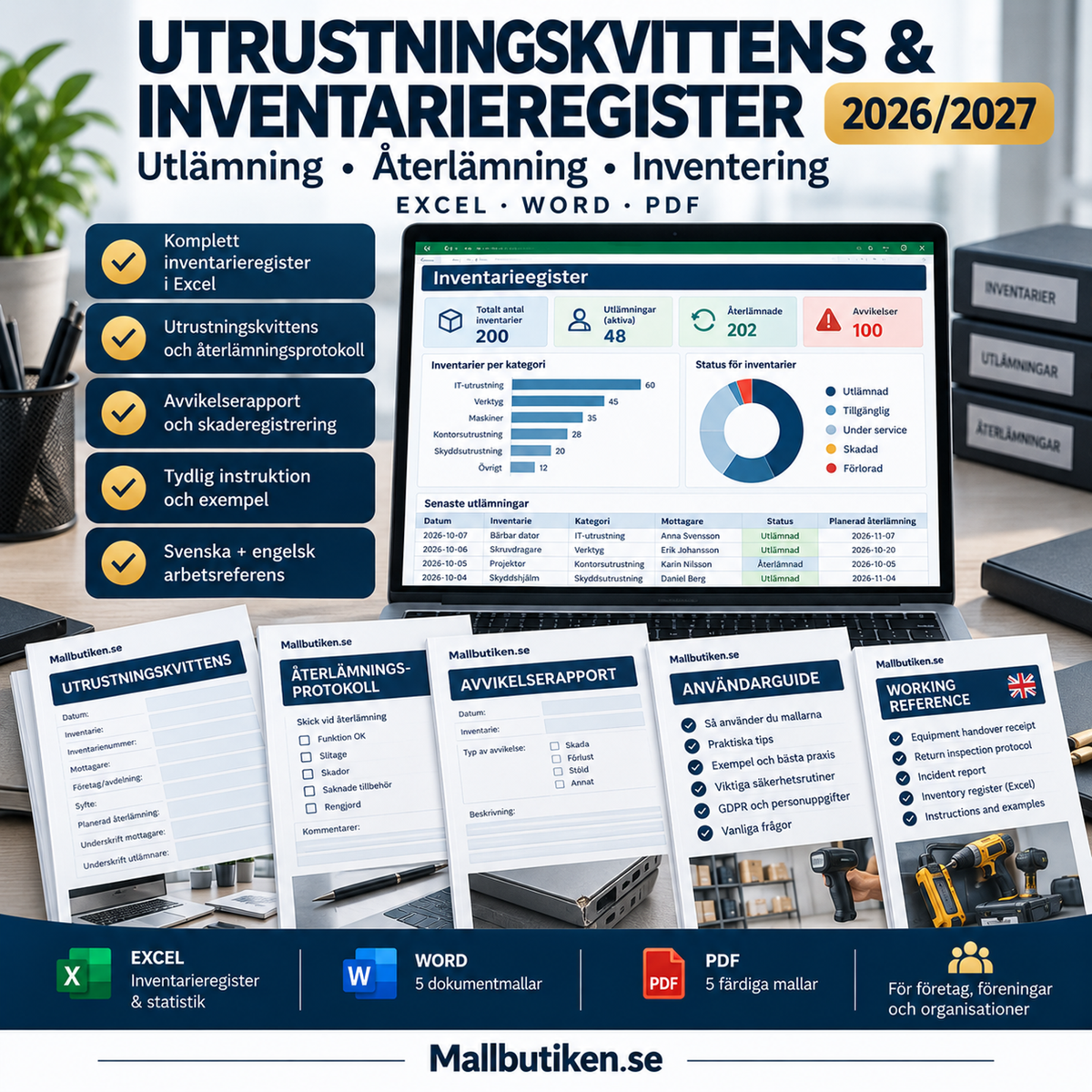 Utrustningskvittens inventarieregister 2026/2027 Excel Word PDF digitalt paket