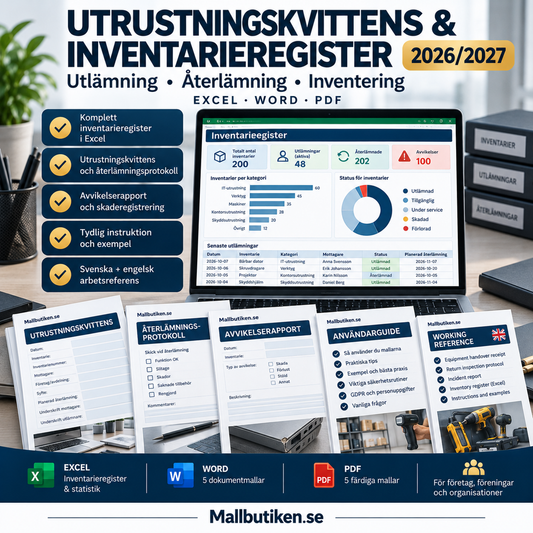 Utrustningskvittens inventarieregister 2026/2027 Excel Word PDF digitalt paket