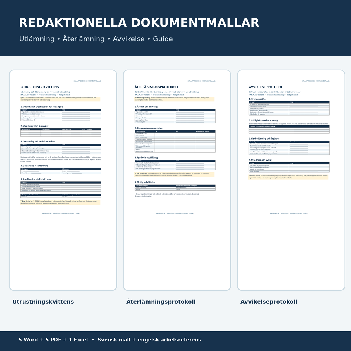 Utrustningskvittens återlämningsprotokoll avvikelseprotokoll Word PDF