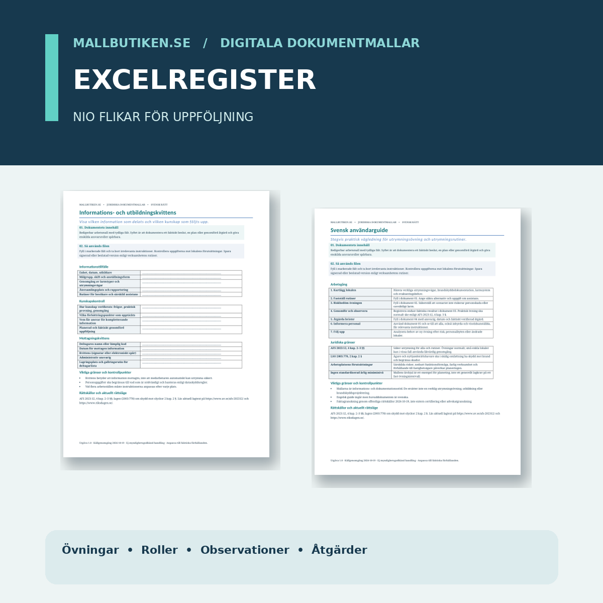 Utrymningsövning Excelregister nio flikar – ansvar, observationer och åtgärder