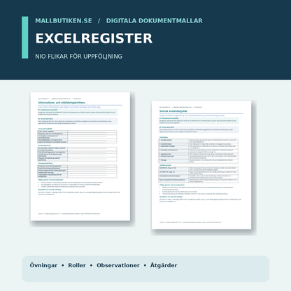 Utrymningsövning Excelregister nio flikar – ansvar, observationer och åtgärder
