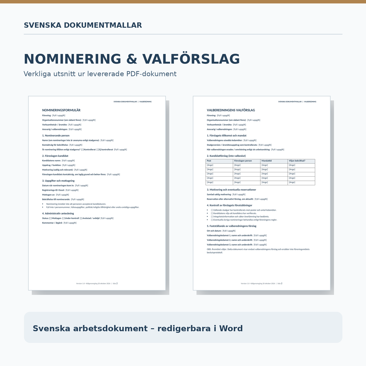 Dokumentförhandsvisning av nomineringsformulär och valberedningens valförslag i Word och PDF