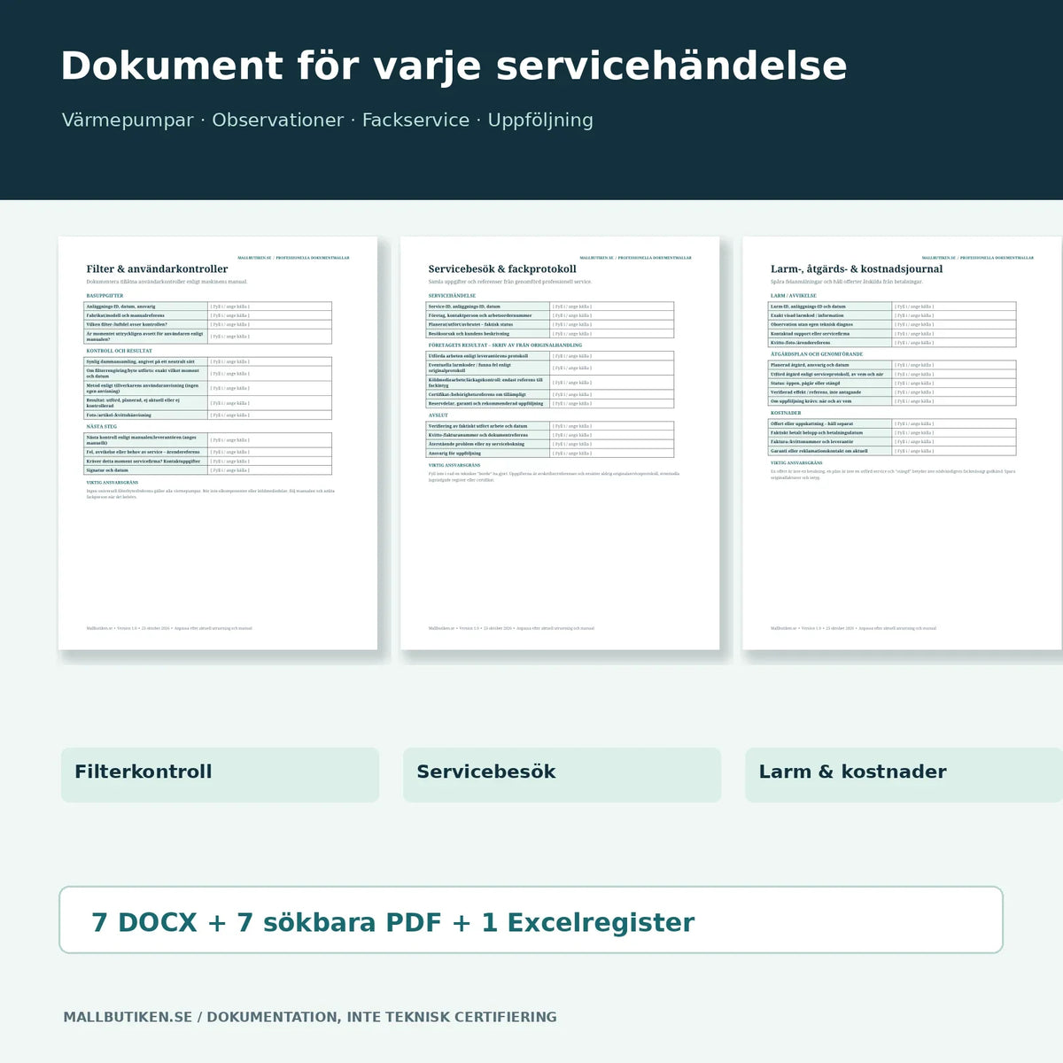 Filterkontroll, servicebesök och larmjournal i Word och PDF – faktiska dokumentförhandsvisningar