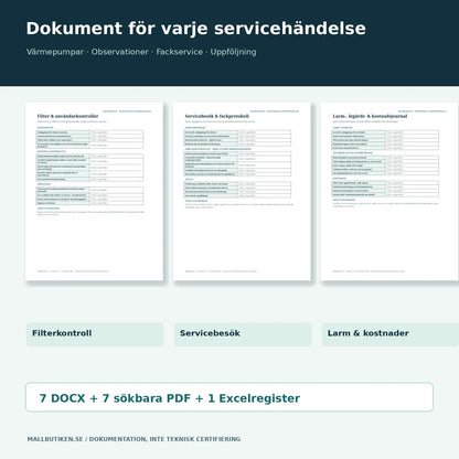 Filterkontroll, servicebesök och larmjournal i Word och PDF – faktiska dokumentförhandsvisningar