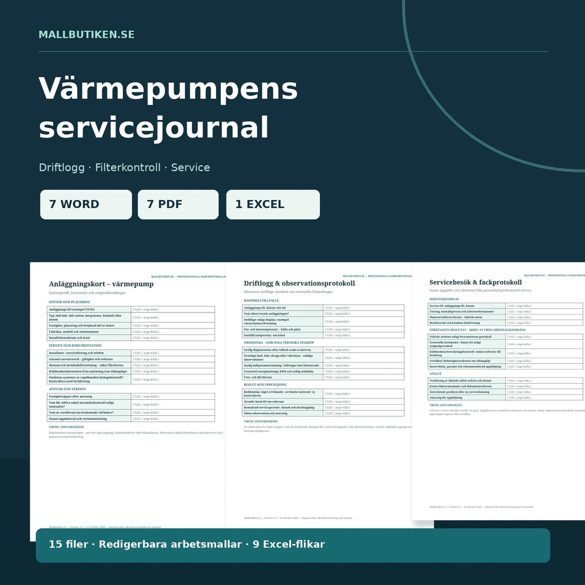 Värmepumpens servicejournal – verkliga Word/PDF-mallar med driftlogg, service och Excel