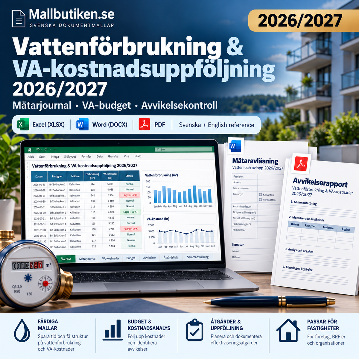 Vattenförbrukning och VA-kostnadsuppföljning 2026/2027 – Excel Word PDF