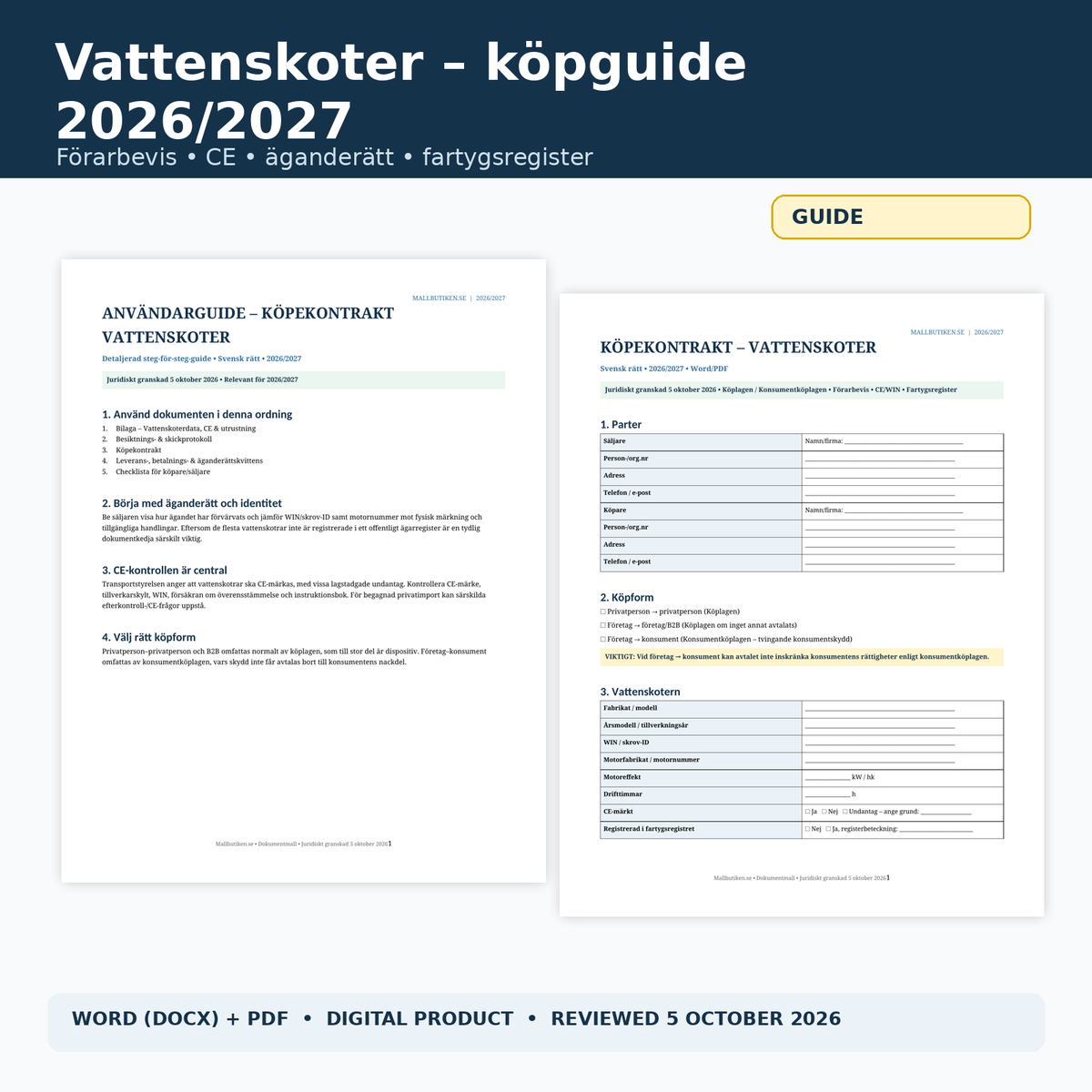 Vattenskoter köpguide förarbevis CE äganderätt fartygsregister 2026/2027