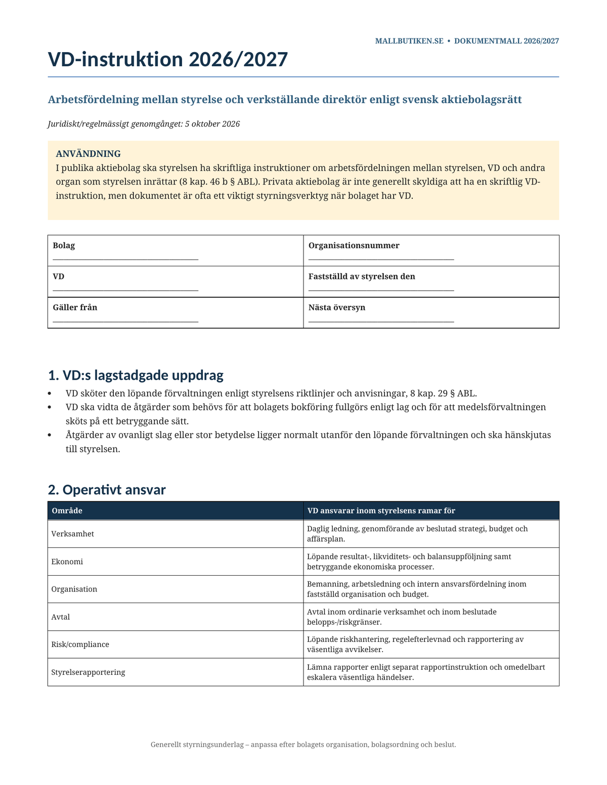 VD-instruktion 2026/2027 arbetsfördelning styrelse VD Aktiebolagslagen