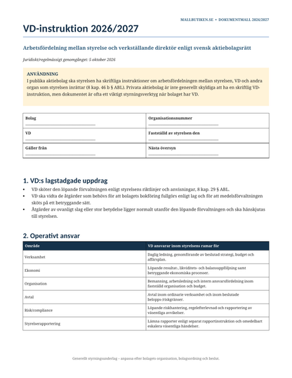 VD-instruktion 2026/2027 arbetsfördelning styrelse VD Aktiebolagslagen