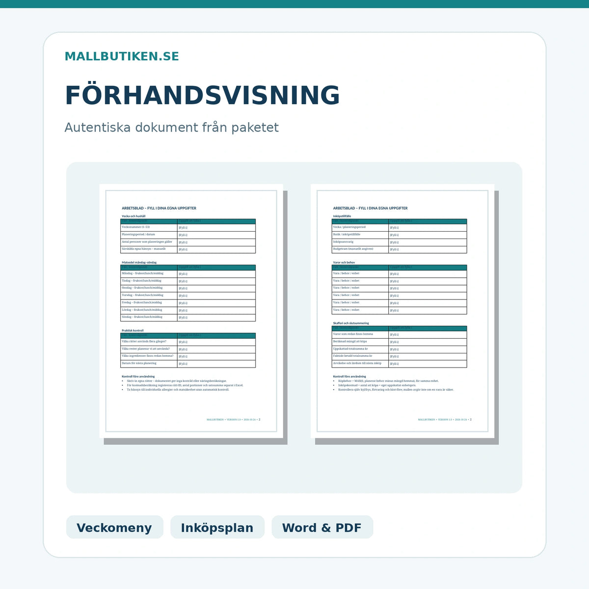 Veckomeny och inköpsplan – autentiska utsnitt av färdiga svenska dokumentmallar