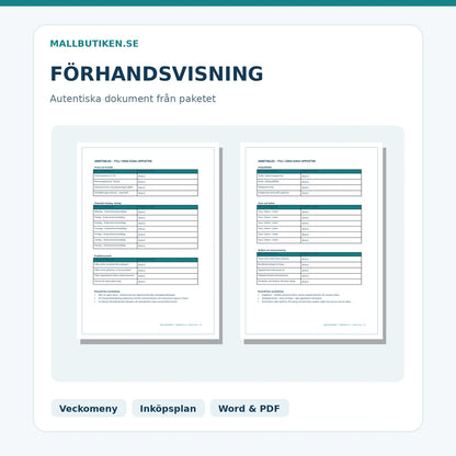 Veckomeny och inköpsplan – autentiska utsnitt av färdiga svenska dokumentmallar