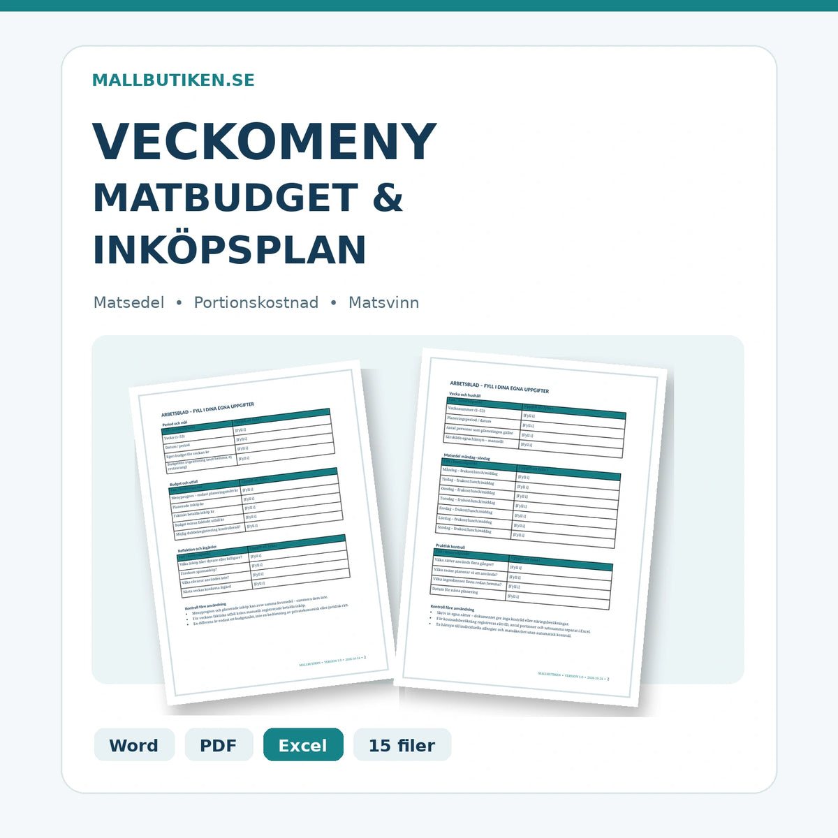 Veckomeny, matbudget och inköpsplan – dokumentmall i Word PDF Excel med verkliga mallutdrag
