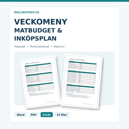 Veckomeny, matbudget och inköpsplan – dokumentmall i Word PDF Excel med verkliga mallutdrag