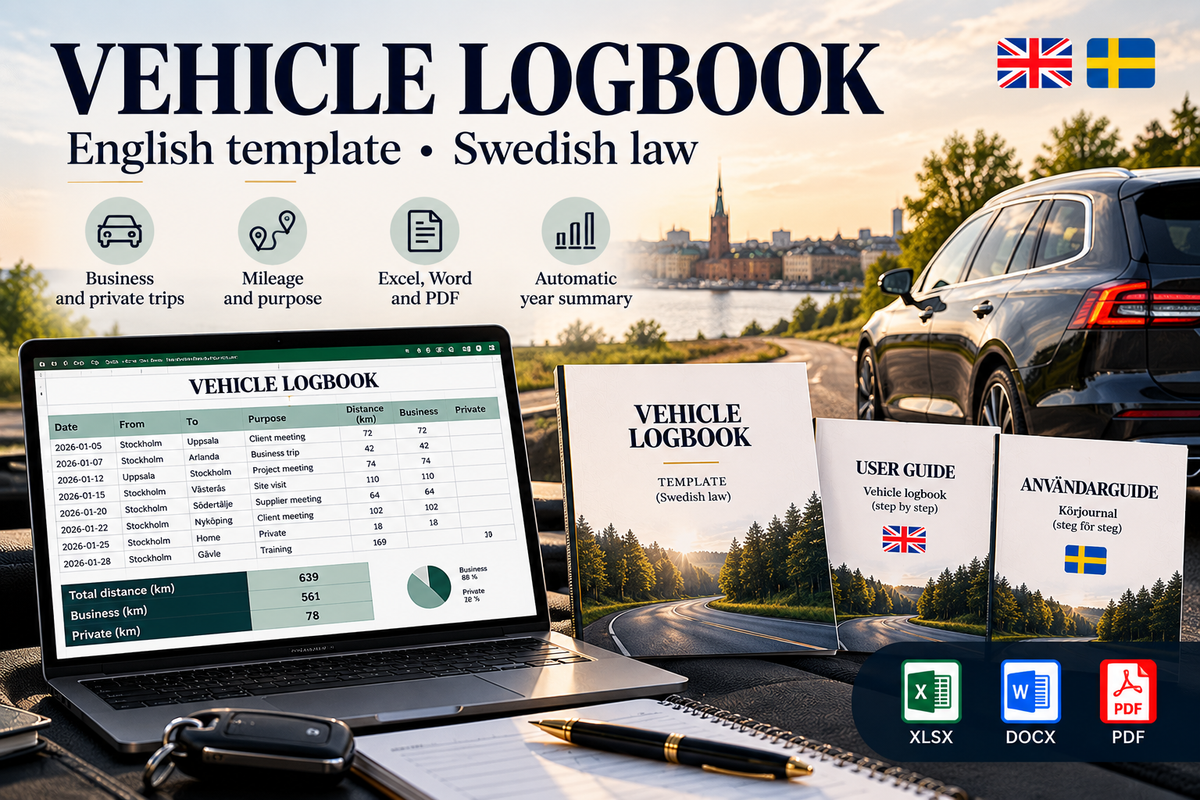 Vehicle Logbook under Swedish law – English XLSX/DOCX/PDF template with Swedish reference and user guides