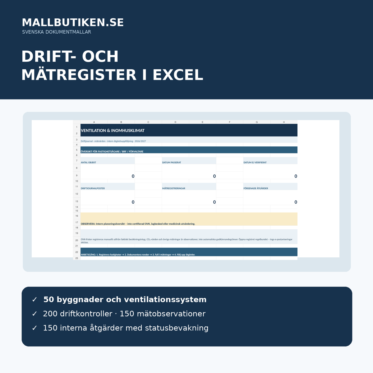 Excelverktyg för ventilation, OVK datum, filterbyten, temperatur, koldioxid och interna åtgärder