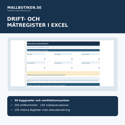 Excelverktyg för ventilation, OVK datum, filterbyten, temperatur, koldioxid och interna åtgärder