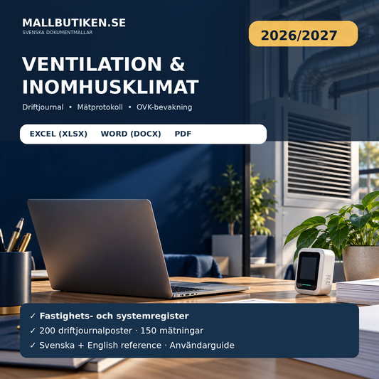 Ventilation och Inomhusklimat 2026/2027 – driftjournal, mätprotokoll, OVK-bevakning och användarguide