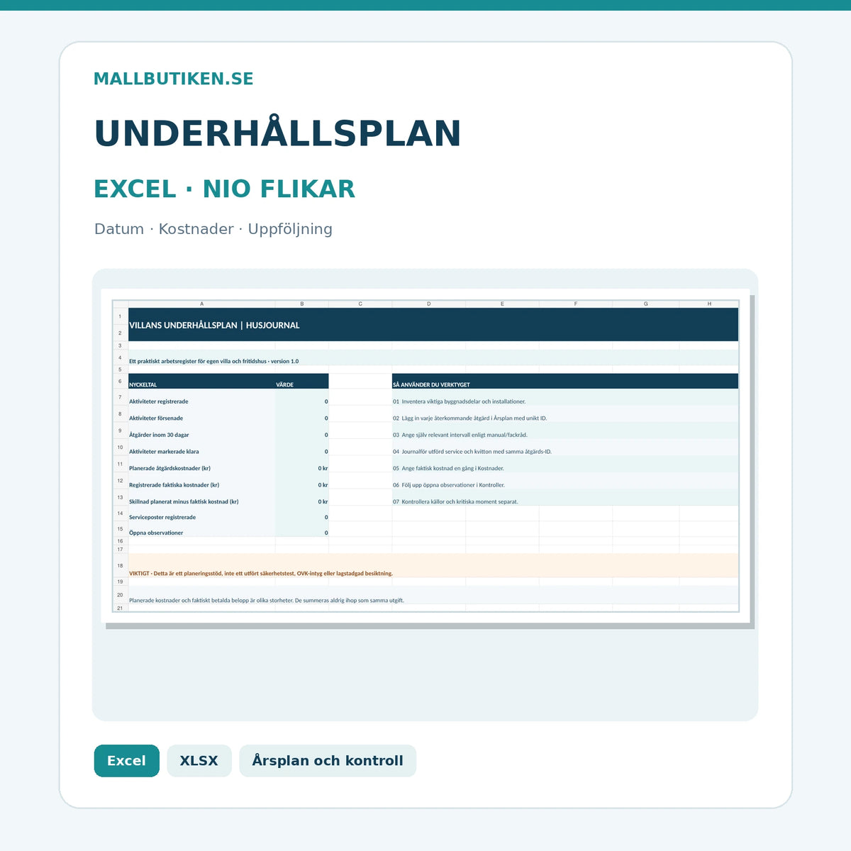 Excelunderhållsplan för villa – nio flikar för datum, service, planerade och betalda kostnader