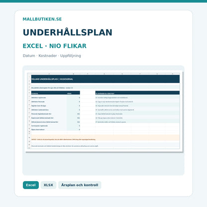 Excelunderhållsplan för villa – nio flikar för datum, service, planerade och betalda kostnader