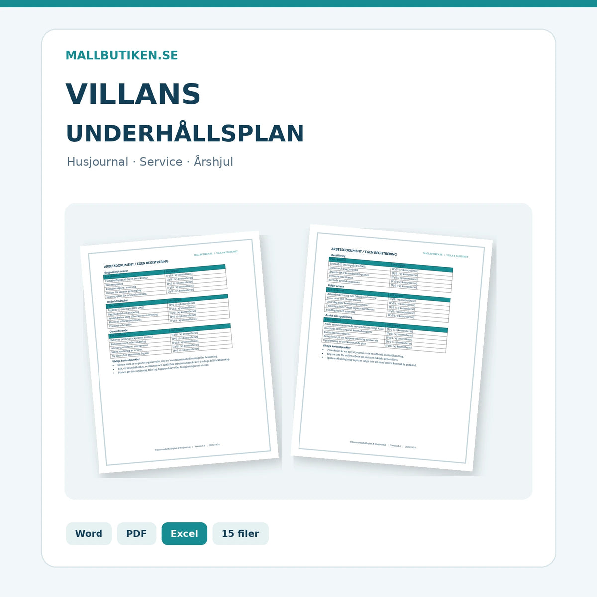 Villans underhållsplan – Word PDF Excel med verkliga dokumentförhandsvisningar