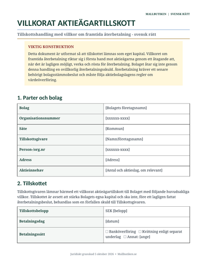 Swedish reference preview for conditional shareholder contribution under Swedish law