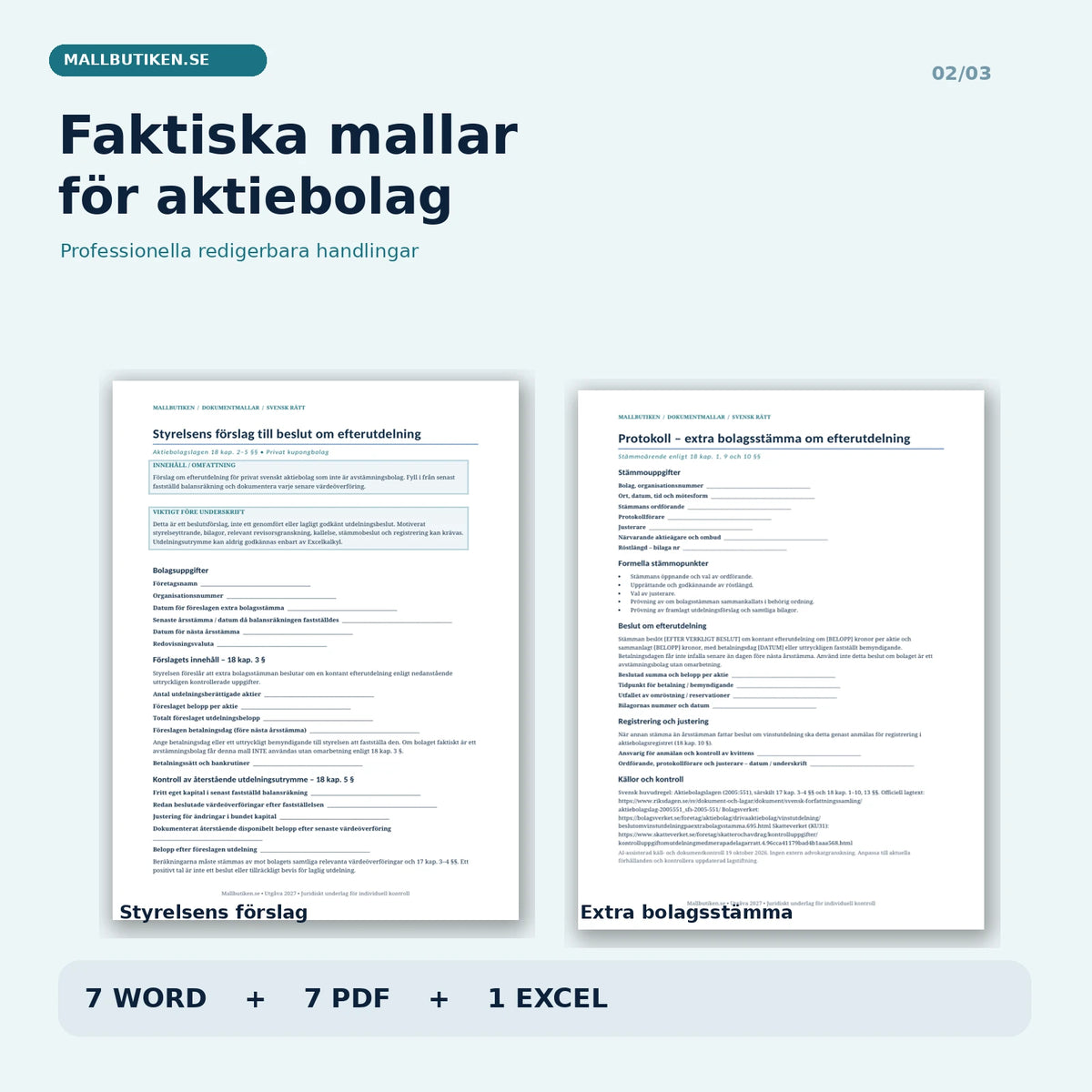 Förhandsvisning av faktiska Word- och PDF-mallar för efterutdelning i privat aktiebolag och extra bolagsstämma