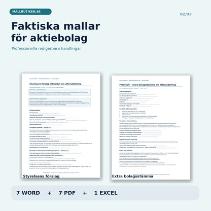 Förhandsvisning av faktiska Word- och PDF-mallar för efterutdelning i privat aktiebolag och extra bolagsstämma