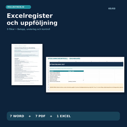 Efterutdelning Excelregister med nio flikar och administrativ dashboard utan automatiska juridiska utdelningsbeslut