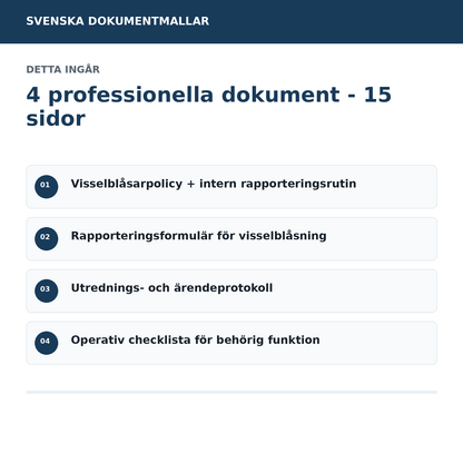 Innehåll i visselblåsarpaket 2026 policy formulär protokoll checklista